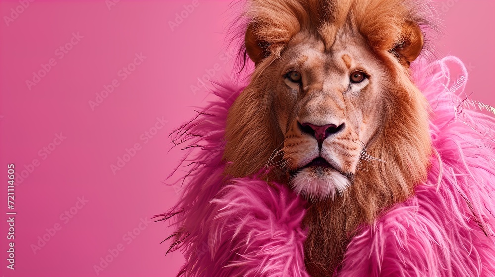 Lion Chic: Unleash the Roar of Fashion! Glamorous lion in high-end couture, perfect for birthdays and invites. Copy space for your message. Make a statement with this creative animal concept.