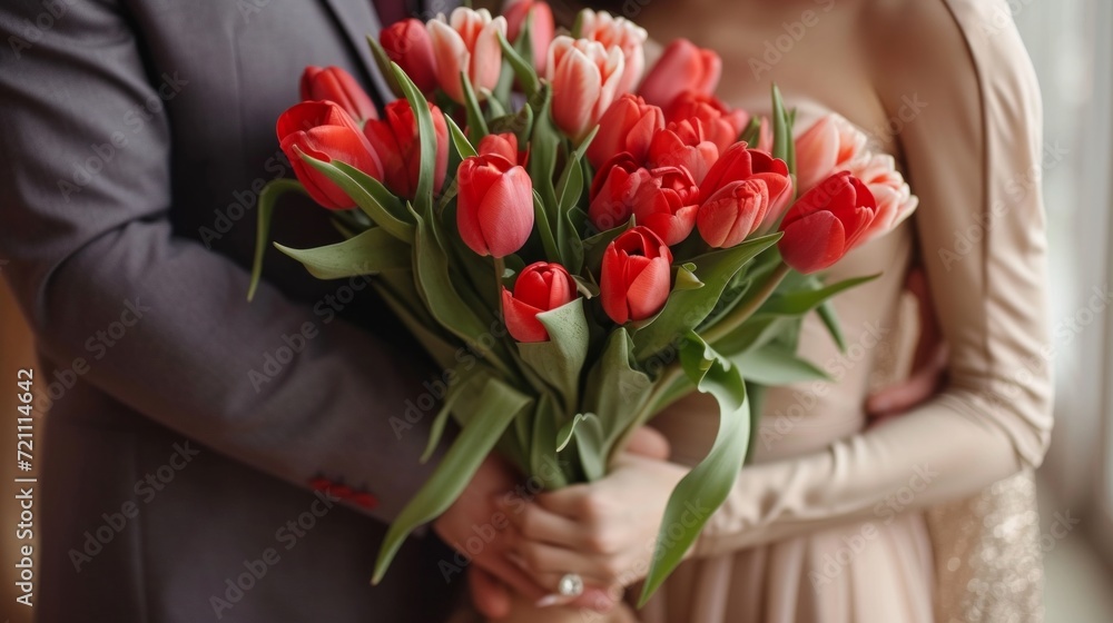 A man in a suit gives a bouquet of red tulips to a woman in an elegant beige dress A man in a suit gives a bouquet of red tulips to a woman in an elegant beige dress
