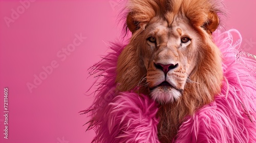 Lion Chic: Unleash the Roar of Fashion! Glamorous lion in high-end couture, perfect for birthdays and invites. Copy space for your message. Make a statement with this creative animal concept. © Alex