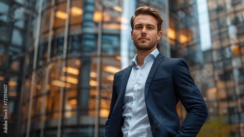 A handsome confident man dressed in a suit stands with his hands in his pockets against the backdrop