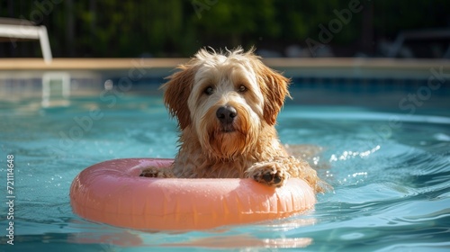 A large shaggy dog swims in a pool next to an inflatable circle in the shape of a donut