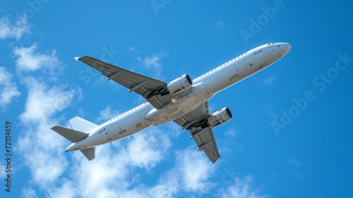 A white passenger plane flies against a background without a cloudy blue sky