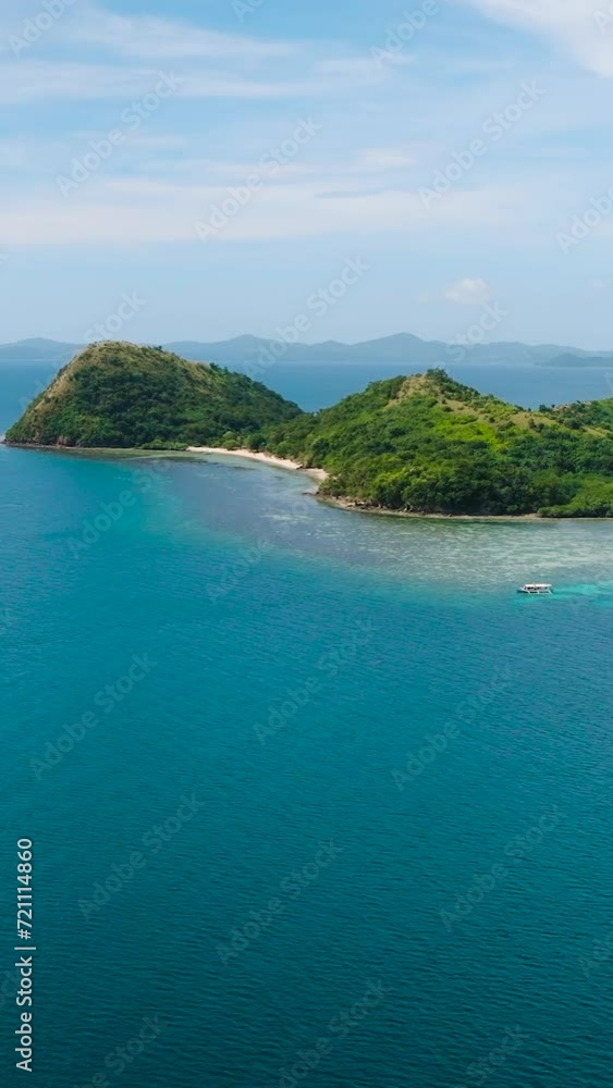 Drone view of blue sea and island with beach. Dimanglet Island in Coron, Palawan. Philippines. Vertical view. Drone view of blue sea and island with beach. Dimanglet Island in Coron, Palawan. Philippines. Vertical view.