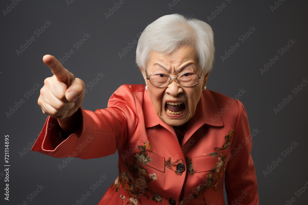 An elderly woman in floral red jacket points assertively, her facial expression conveying a strong message or demand. An elderly woman in floral red jacket points assertively, her facial expression conveying a strong message or demand.