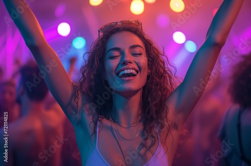 a woman is raising her hands in a dance club