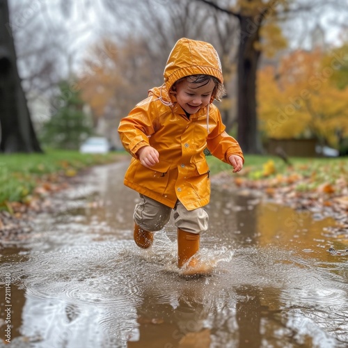 a little girl in a orange raincoat runs through puddles in the rain