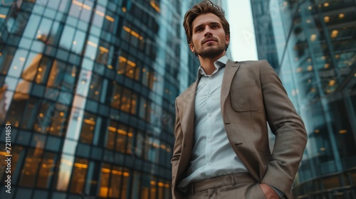 A handsome confident man dressed in a suit stands with his hands in his pocke...
