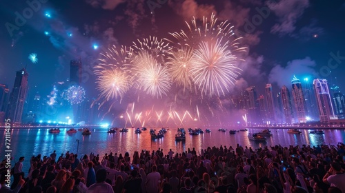 A large crowd of people gathered in the evening and watch the fireworks on th...