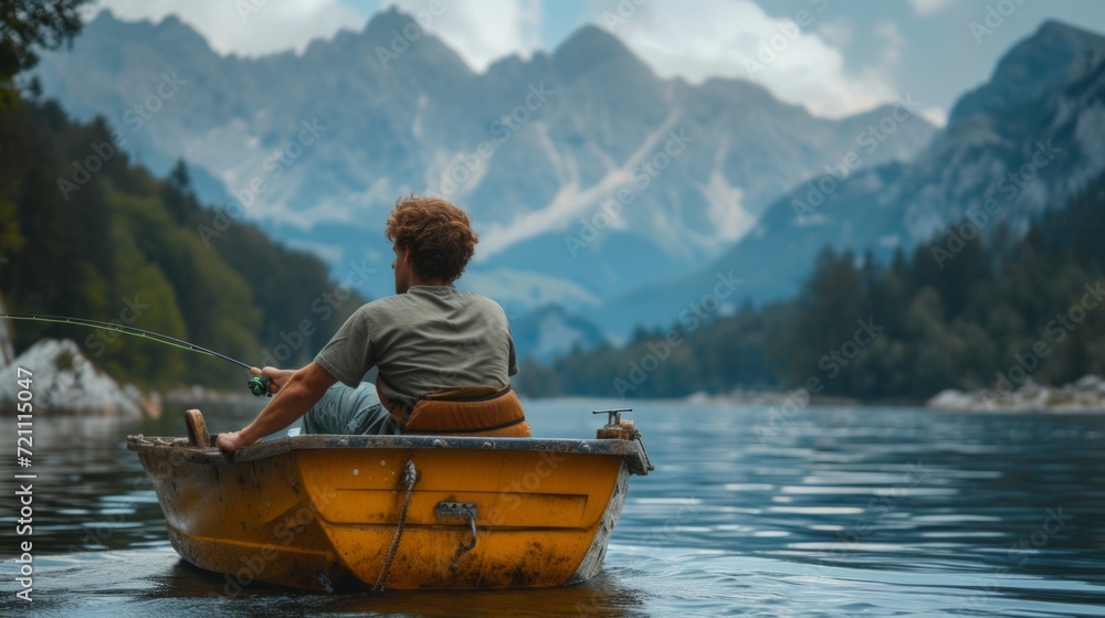  young man is fishing on a yellow boat in the middle of the lake. Beautiful mountain background blurred