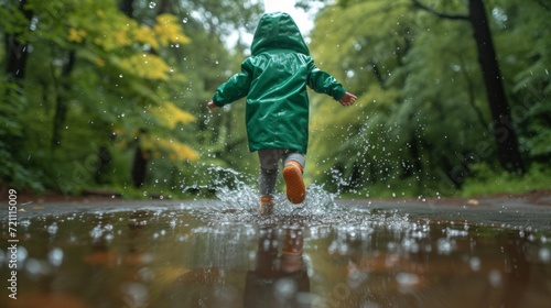 a little girl in a green raincoat runs through puddles in the rain