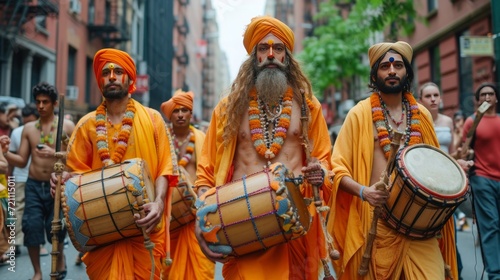 A group of Hare Krishnas with drums walks down the street of city