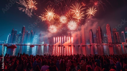 A large crowd of people gathered in the evening and watch the fireworks on th...
