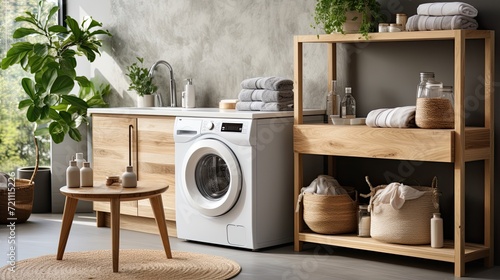 Modern washing machine in a contemporary bathroom. Laundry room interior with modern washing machine near light wall. Generative AI