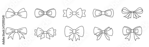 Bow holiday gift party ribbon xmas black line set. Decoration editable stroke event present sign attention different tie shape decor room product wedding holiday packaging element valentine isolated