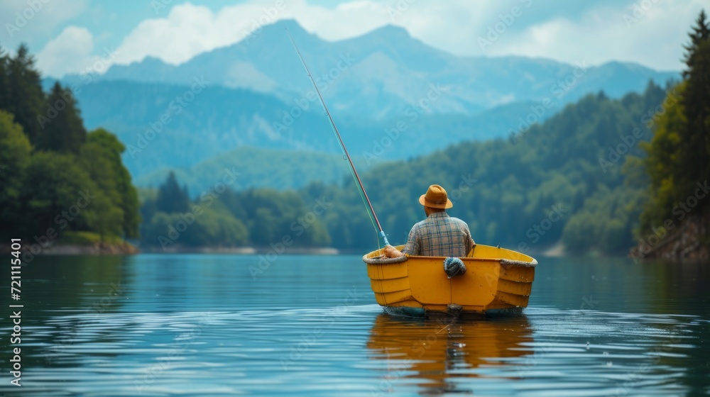  young man is fishing on a yellow boat in the middle of the lake. Beautiful mountain background blurred