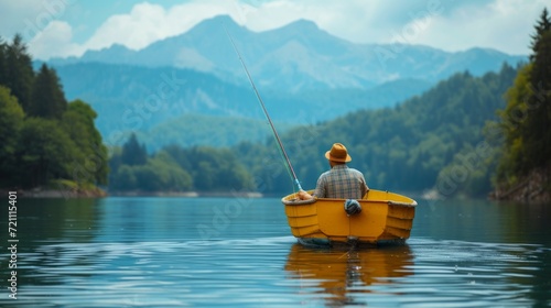 young man is fishing on a yellow boat in the middle of the lake. Beautiful mo...