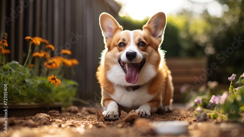 A happy corgi lies in the cottage bushes of flowers. Happy dog summer. Dog overexposure