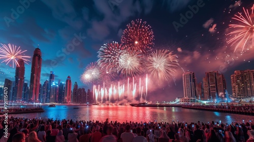A large crowd of people gathered in the evening and watch the fireworks on th...