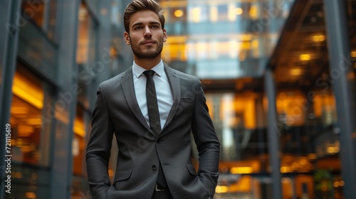 A handsome confident man dressed in a suit stands with his hands in his pockets against the backdrop