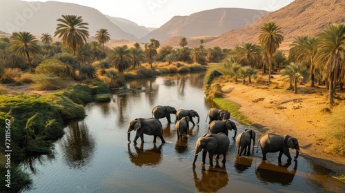 A herd of Elephants came to water at an oasis in the middle of the desert