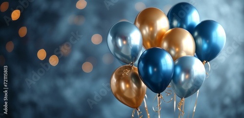 blue and gold balloons hanging above the earth on a dark blue background with golden stars