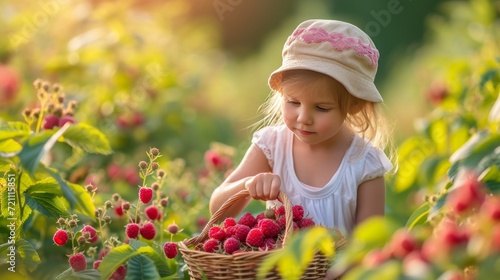 A little girl picked a whole basket of raspberries in a sunny summer garden