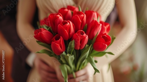 A man in a suit gives a bouquet of red tulips to a woman in an elegant beige dress