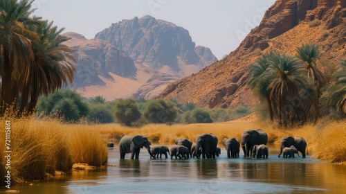 A herd of Elephants came to water at an oasis in the middle of the desert