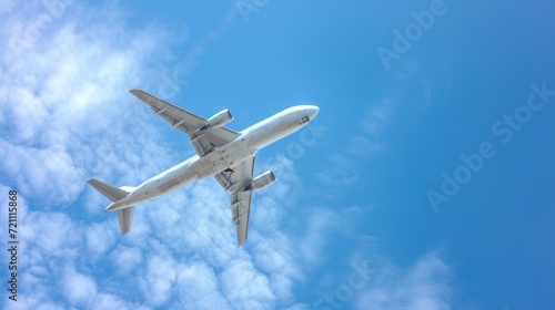 A white passenger plane flies against a background without a cloudy blue sky