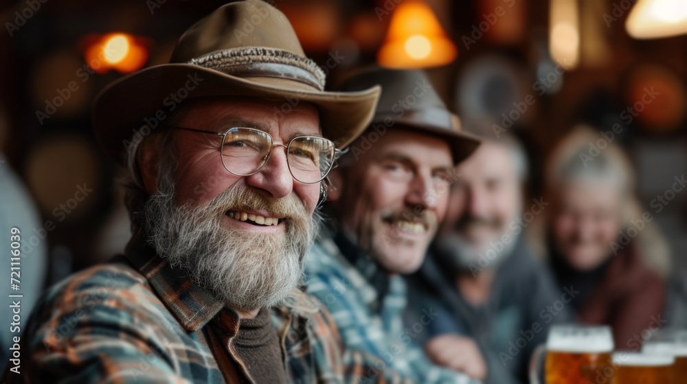 A group of German farmers drinking beer in a bar in the evening A group of German farmers drinking beer in a bar in the evening