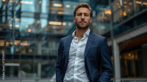 A handsome confident man dressed in a suit stands with his hands in his pocke...