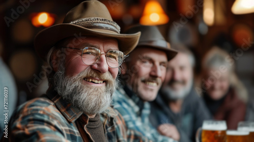 A group of German farmers drinking beer in a bar in the evening