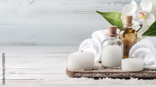 beauty treatment items for spa procedures on white wooden table. massage stones, essential oils and sea salt 