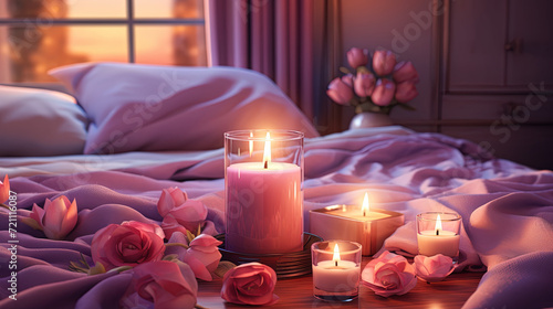 Candles and rose petals in room. Creatred with Ai