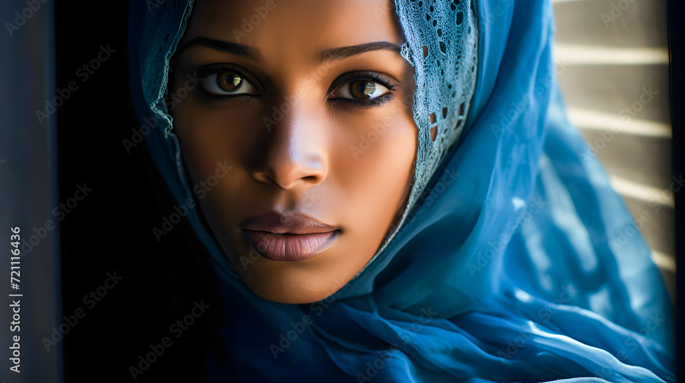 Naklejka premium An African Muslim model wearing a blue hijab against a dark background, showcasing elegance, cultural pride, and beauty in a stunning portrait