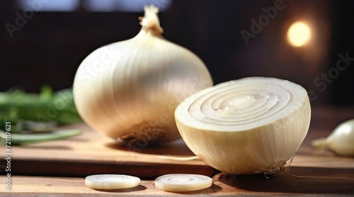 White Onion and slices on wooden cutting board