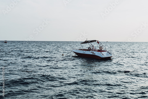 boat anchored in the sea. Mediterranean Sea. coastline and rescue boat