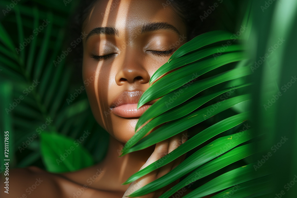 Close-up portrait of a serene young woman with lush green tropical leaves partially covering her face, symbolizing natural beauty. Close-up portrait of a serene young woman with lush green tropical leaves partially covering her face, symbolizing natural beauty.