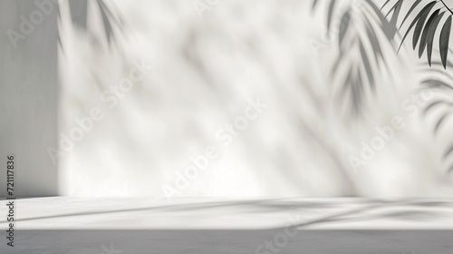 Abstract white studio background for product presentation. Empty room with window shadows, flowers and palm leaves. Summer concept. Background.