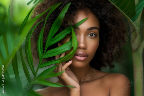Close-up portrait of a serene young woman with lush green tropical leaves partially covering her face, symbolizing natural beauty.
