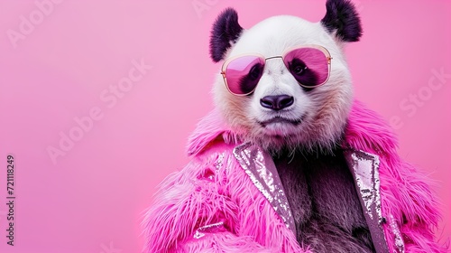 Panda Chic: Elevate your style with our creative animal concept. Glamorous panda in high-end couture, isolated on a bright background. Perfect for birthdays and invites. Copy space for your message. © Alex