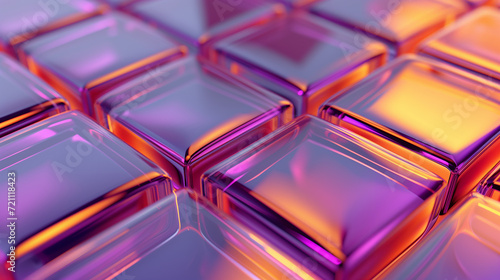 正方形のガラスの3Dモデル。背景画像_紫オレンジ色 3D model of glass squares. Chromatic sculpture. Purple and Orange based wallpaper background [Generative AI]