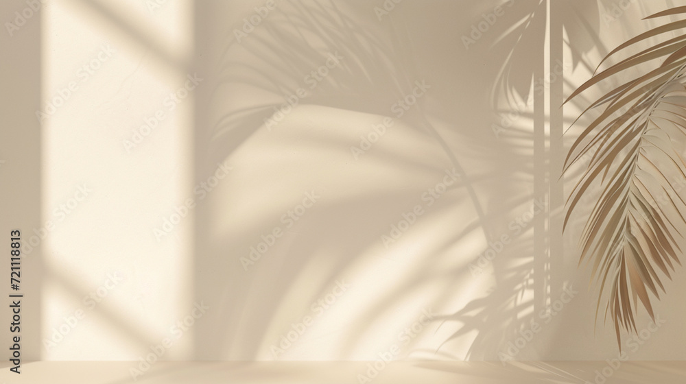 Abstract white studio background for product presentation. Empty room with window shadows, flowers and palm leaves. Summer concept. Background. Abstract white studio background for product presentation. Empty room with window shadows, flowers and palm leaves. Summer concept. Background.