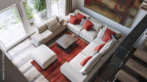 Elegant living room with bold red accents and contemporary artwork. Stylish comfort. Generative AI photo