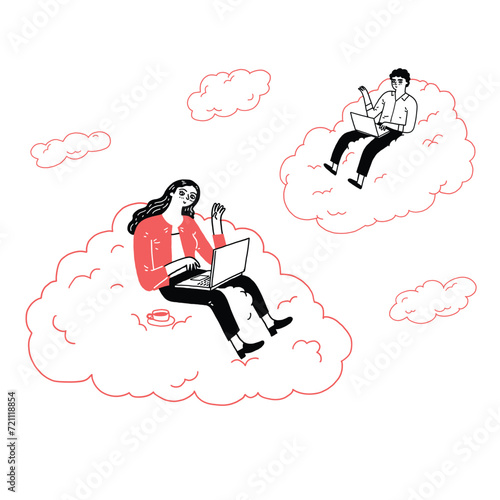 Young people on the clouds in the sky using laptop and typing messages to friends.