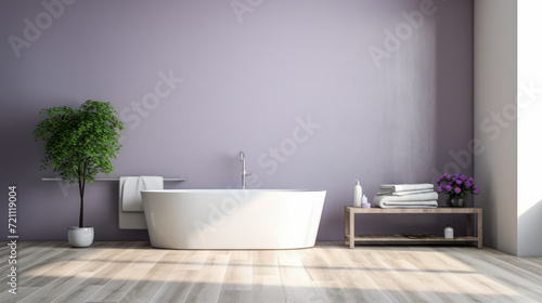 Minimalist bathroom with freestanding tub and purple wall. Modern design and relaxation concept Generative AI