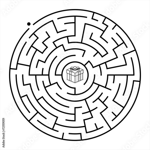 Maze labyrinth with solution. Circular maze game  for kids isolated on background . Black and white vector illustration 