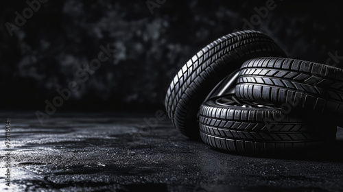 Car tires with detailed tread texture on a dark background. Durability concept. Generative AI photo