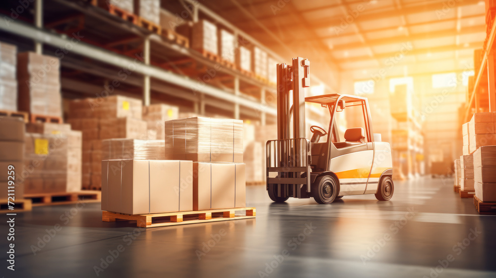 Forklift transporting pallets in a sunlit industrial warehouse, logistics concept. Generative AI