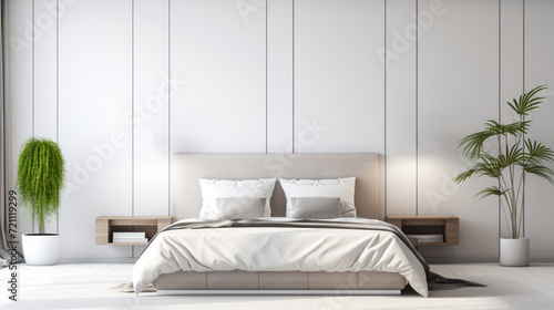 Minimalist bedroom with white walls and wooden bedside shelves. Simplistic elegance. Generative AI